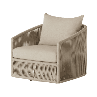A contemporary armchair featuring a distinctive woven exterior crafted from a light beige synthetic rope. The chair has a rounded, barrel-like silhouette with integrated armrests and a high back. It is fitted with a comfortable, removable seat cushion and a back pillow, both upholstered in a matching neutral-toned fabric. The chair sits on a concealed low-profile swivel base, allowing for rotation. — 3D model (AI enhanced source)