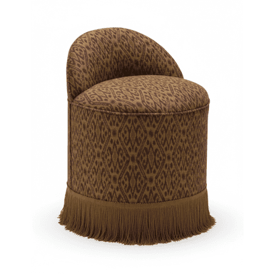 A round stool with a high, curved backrest. The stool is upholstered in a patterned fabric and features a decorative fringe along the bottom edge. — 3D model (AI enhanced source)