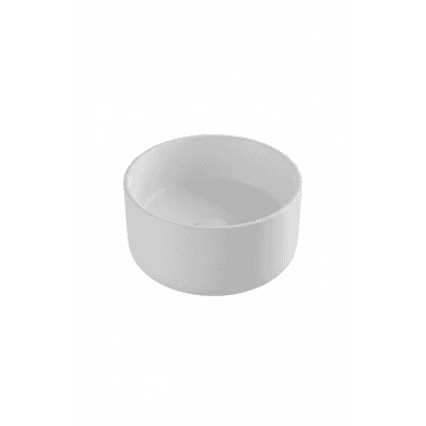 A minimalist circular vessel sink rendered in a matte white finish. The sink features smooth, even walls and a flat bottom with a visible central drain opening. Its compact, cylindrical form suggests it is designed to sit atop a bathroom countertop. — 3D model (AI enhanced source)
