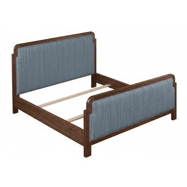 A full bed frame made from dark brown wood, featuring upholstered panels in a light blue-grey, subtly textured fabric on both the headboard and footboard. The wooden frame has gracefully rounded corners, and visible wooden slats indicate mattress support is built-in. — 3D model (AI enhanced source)