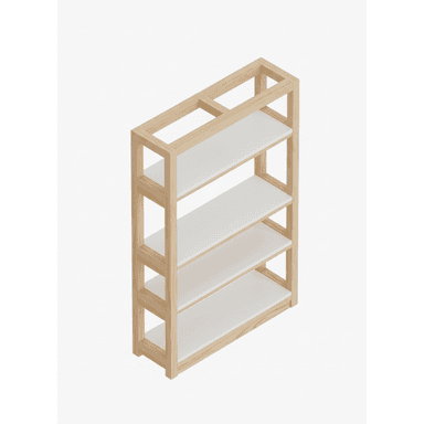 A modern shelving unit featuring a light wood frame and four white shelves, with a distinctive open-frame top section. — 3D model (AI enhanced source)