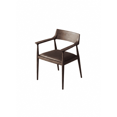 A modern wooden dining chair featuring a curved backrest, integrated armrests, and an upholstered leather seat, all supported by slender, tapered legs. — 3D model (AI enhanced source)