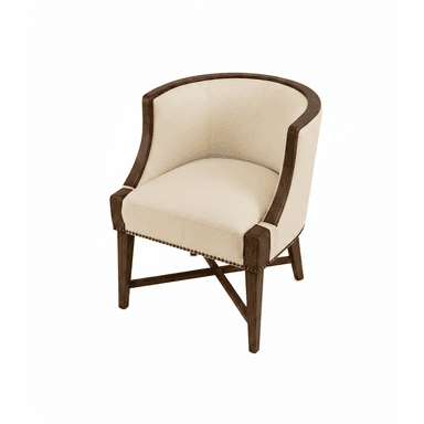 A cream-colored armchair with a curved back and wooden frame. The frame is dark brown and appears to be made of solid wood, with curved arms that transition into the backrest. The upholstery is a neutral cream fabric, tufted or gathered around the seat and back. Decorative nailhead trim runs along the base of the seat and the outer edges of the arms. The legs are dark brown wood, tapering slightly, with an X-shaped stretcher connecting the front legs. — 3D model (AI enhanced source)