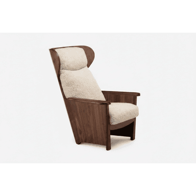 A contemporary lounge chair featuring a sturdy dark walnut wood frame and plush cream-colored shearling upholstery. The chair has a high, slightly curved backrest that integrates with broad, flat armrests. The wooden frame has a distinct, reclined angle, suggesting a design focused on comfort. The seating and back cushions are generously padded and covered in a textured, soft fabric. — 3D model (AI enhanced source)