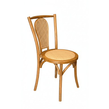 A classic light brown bentwood chair with a rounded backrest and circular seat, both featuring woven cane panels. The frame consists of gracefully curved wooden elements, including four splayed legs and a distinctive bentwood back structure. — 3D model (AI enhanced source)