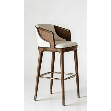 A contemporary bar stool featuring a rich dark wood frame, cream-colored upholstered seat and backrest, and elegant brass accents on the footrest and leg caps. — 3D model (AI enhanced source)