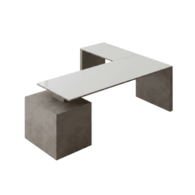 An L-shaped contemporary executive desk featuring a sleek, white tabletop surface that appears to float above a substantial, monolithic base structure. The base has a dark gray, concrete-like finish, providing a striking contrast to the bright, smooth desktop. — 3D model (AI enhanced source)
