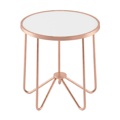 A modern, round side table featuring a white circular tabletop framed by a rose gold metallic rim. The base consists of slender rose gold-finished metal rods that form splayed legs, meeting at a central disc-shaped hub. — 3D model (AI enhanced source)