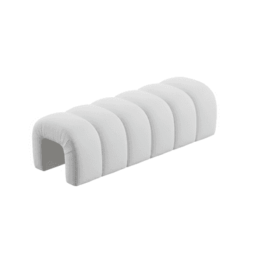 A contemporary upholstered bench featuring a distinctive segmented design, with multiple rounded, tubular sections forming the seating surface. The bench is finished in a light-colored, textured fabric, likely boucle, and has a soft, sculptural aesthetic. — 3D model (AI enhanced source)