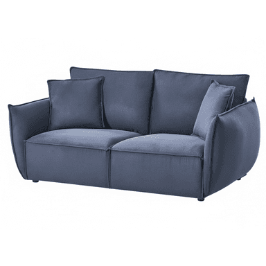 A contemporary two-seater sofa upholstered in a slate blue or dark grey fabric, featuring a compact design with gently rounded track arms and a low profile. It includes two plush seat cushions and multiple loose back cushions for comfort. — 3D model (AI enhanced source)