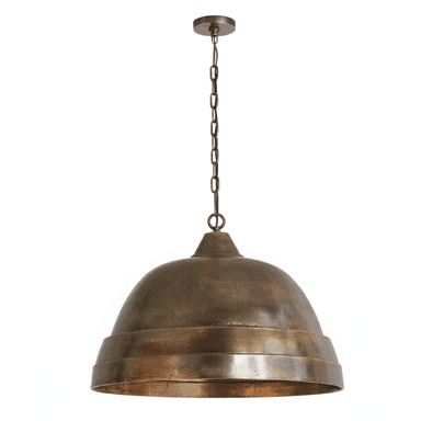 A bell-shaped pendant light crafted from distressed brass, suspended by a matching chain. The shade features horizontal ribbed detailing, giving it an industrial or rustic aesthetic. — 3D model (AI enhanced source)