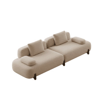 A modern modular sectional sofa upholstered in light beige boucle fabric, featuring soft, rounded edges and minimalist dark wooden legs. It consists of two distinct units, configured to create an L-shape, and includes loose back cushions and integrated bolster pillows. — 3D model (AI enhanced source)
