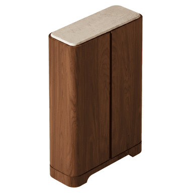 A tall, narrow storage cabinet featuring a rich dark wood finish, likely walnut, with elegantly rounded corners. The top surface is adorned with a light-colored, possibly beige or cream, marble slab. The front facade indicates two full-height doors, suggesting ample interior storage. The cabinet stands on a subtle, recessed plinth base. — 3D model (AI enhanced source)