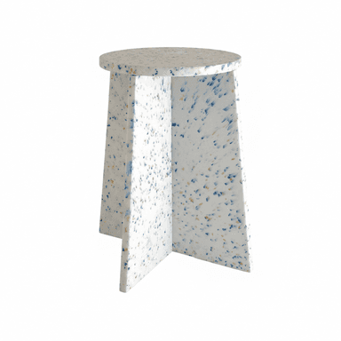 A compact side table featuring a round tabletop and three flat, angled legs, constructed from a light-colored material with multi-colored speckles, resembling recycled plastic or terrazzo. — 3D model (AI enhanced source)