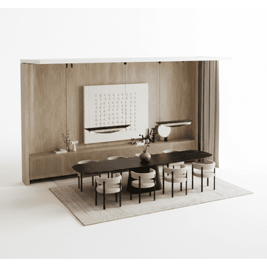 A modern dining set featuring an oval-shaped dining table with a dark top, likely stone or dark wood, paired with eight contemporary dining chairs. The chairs feature light-colored upholstered bucket seats and backrests, supported by slender black metal frames that form integrated armrests and legs. The overall aesthetic is minimalist and sophisticated. — 3D model (AI enhanced source)