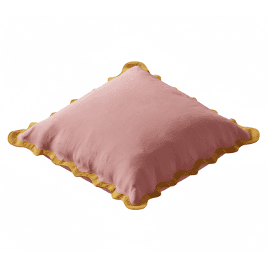 A square-shaped cushion with a pink fabric cover and a decorative mustard yellow ruffled edge. The cushion appears soft and filled, suitable for decorative or comfort purposes. — 3D model (AI enhanced source)