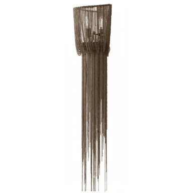 A tall, multi-tiered chandelier constructed primarily from a metallic chain curtain. The upper section features a dense arrangement of chains forming a cylindrical shade, from which a cascade of finer chains descends, creating a dramatic, flowing effect. Visible within the upper section are light bulbs, indicating its function as a light fixture. — 3D model (AI enhanced source)