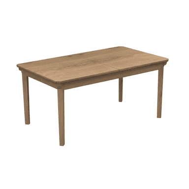 A rectangular wooden dining table, featuring a natural light oak finish and a design that suggests it is extendable. The tabletop has visible seams indicating extension leaves, and it is supported by four sturdy, square-profile legs. — 3D model (AI enhanced source)