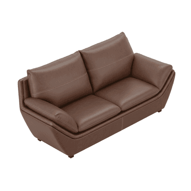 A modern two-seater sofa, upholstered in brown leather, featuring a distinct exposed wooden frame that forms the base and extends up the sides and back. The sofa has two plush seat cushions and two back cushions, all with white contrast stitching. The armrests are integrated into the overall sloped design, creating a sleek and contemporary silhouette. The piece is elevated slightly on small, recessed feet. — 3D model (AI enhanced source)