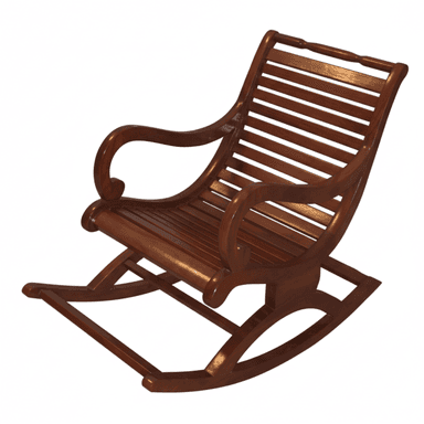 A classic wooden rocking chair with a rich, dark brown finish, featuring a slatted back and seat, and elegantly curved armrests, designed for comfort and gentle motion. — 3D model (AI enhanced source)
