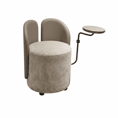 A modern, compact upholstered chair featuring a cylindrical base and seat, twin curved backrest panels, and an integrated swivel table attached via a sleek metal arm. — 3D model (AI enhanced source)