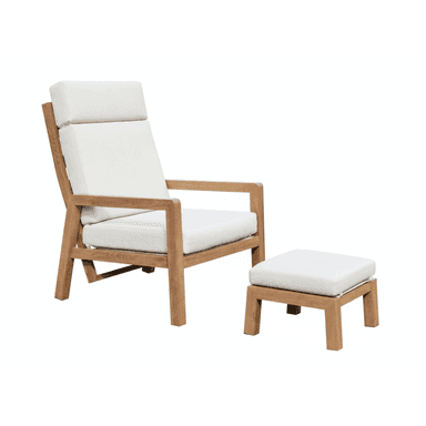 A wooden armchair with a high back and thick white cushions, accompanied by a matching wooden ottoman with a white cushion. The armchair features a slatted seat and back support, and its frame is constructed from solid wood with a natural finish. The design appears modern and suitable for outdoor use. — 3D model (AI enhanced source)