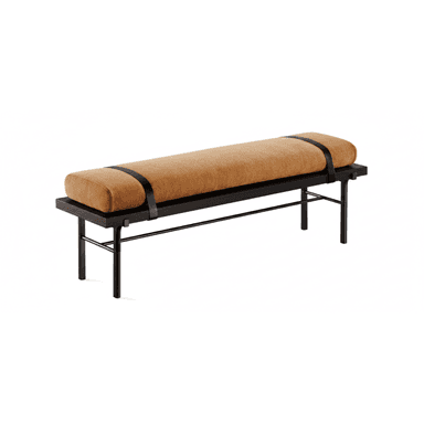 A modern, minimalist bench featuring a dark-stained wooden top, slender black metal legs, and a prominent, elongated cylindrical cushion upholstered in a textured, light brown fabric. The cushion is secured to the wooden top by two wide, black leather or faux leather straps, adding a distinctive design element. — 3D model (AI enhanced source)