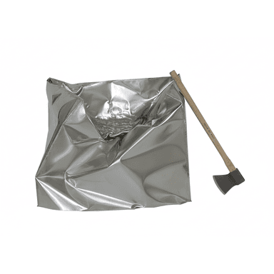 A crinkled, silver-colored bean bag chair, resembling a large piece of crumpled metallic foil, is depicted with a felling axe leaning against its side on a white background. — 3D model (AI enhanced source)
