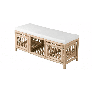 A long, rectangular bench featuring a natural rattan and bamboo frame, topped with a white fabric cushion. The base of the bench is divided into two sections, each with an open storage compartment accessible from the front, defined by woven rattan detailing and a slatted shelf. — 3D model (AI enhanced source)