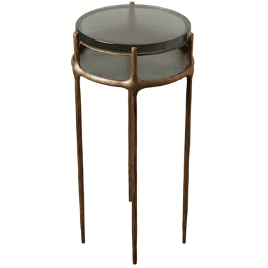 A tall, two-tiered circular side table featuring a distinctive organic bronze frame and dark grey-green glass tabletops. The frame supports both the upper and lower glass surfaces with a sculptural, almost branch-like structure, extending downwards to form four slender legs. — 3D model (AI enhanced source)