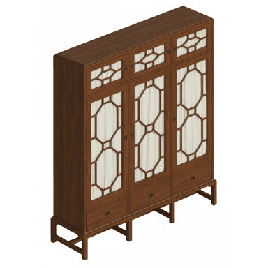 A tall, rectangular, dark wood storage cabinet featuring three vertical sections. Each section includes an upper door with an intricate geometric lattice overlay, backed by a light-colored opaque panel, and a lower storage drawer. The cabinet rests on a plinth base with short, block-style legs, indicative of Asian-inspired design. — 3D model (AI enhanced source)