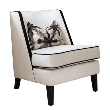 A contemporary upholstered accent armchair featuring off-white or cream fabric, distinguished by black contrasting piping along the edges of the frame and cushions. It stands on four tapered black legs and includes a decorative throw pillow with a black and grey abstract pattern. — 3D model (AI enhanced source)