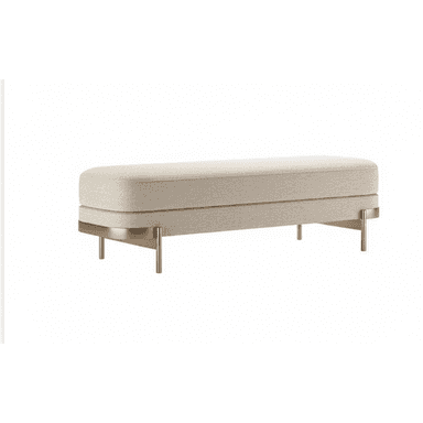 A long, upholstered bench with a two-tiered seat cushion. The bench is supported by a metallic, minimalist base with four slender legs. The base has a curved design element that wraps around the sides of the seat. — 3D model (AI enhanced source)
