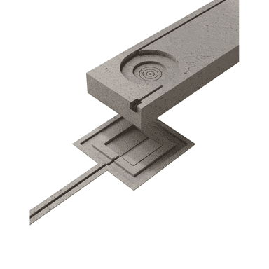 A minimalist, modular architectural fixture composed of a gray, coarse-textured material resembling concrete. The primary element is a thick, rectangular block featuring a deep circular depression with concentric rings, suggesting a basin and drain. This block is precisely fitted into a larger, flatter rectangular base that also exhibits stepped, recessed details and linear channels extending outwards. A long, narrow channel further extends from the main base, emphasizing a linear drainage design. The overall design is stark, geometric, and functional, rendered against a plain white background. — 3D model (AI enhanced source)