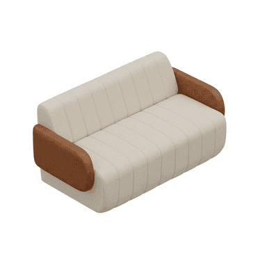 A modern two-seater sofa, commonly known as a loveseat, featuring distinctive channel tufting on the seat and back, complemented by contrasting brown leather armrests. — 3D model (AI enhanced source)