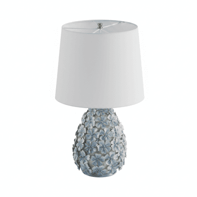 A decorative table lamp featuring a white tapered drum shade and an ornate ceramic base adorned with numerous three-dimensional light blue flowers. — 3D model (AI enhanced source)