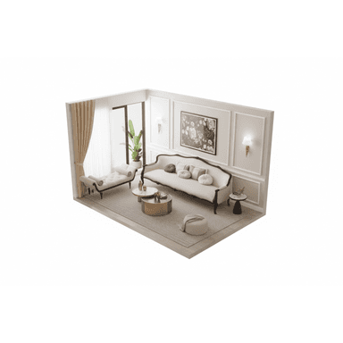 An elegant classical sofa with a curved backrest, exposed dark wooden frame, scroll arms, and cabriole legs, upholstered in a light, neutral fabric. — 3D model (AI enhanced source)