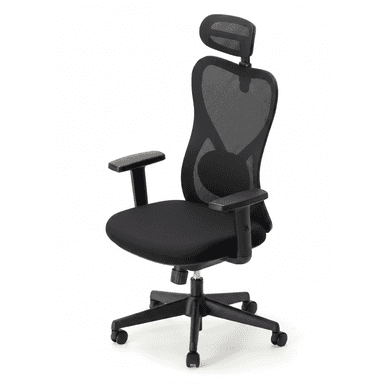 A modern black office chair featuring a high back with breathable mesh material, an adjustable mesh headrest, and a padded fabric seat. It has adjustable armrests, a pneumatic height adjustment mechanism, and a five-star caster base for mobility. — 3D model (AI enhanced source)