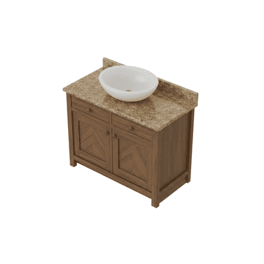 A wooden bathroom vanity featuring a rich brown finish, a speckled granite countertop with an integrated backsplash, and a white ceramic vessel sink. The cabinet has two functional drawers at the top and two cabinet doors below, each adorned with a distinct chevron-like wood grain pattern. Dark metal knobs serve as hardware for both the drawers and doors, complementing the vanity's traditional yet transitional aesthetic. — 3D model (AI enhanced source)