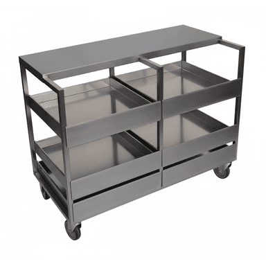 A robust, multi-tiered utility cart constructed from brushed stainless steel, featuring two open shelves and two partially enclosed lower compartments, topped with a flat surface. It is equipped with four swivel casters for mobility and integrated handle structures. — 3D model (AI enhanced source)