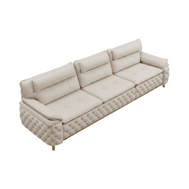 A contemporary three-seater sofa upholstered in a light beige fabric. It features deep button tufting on the lower perimeter of the frame, wrapping around the front and sides, and also on the seat cushions. The backrest is composed of three individual cushions, each with an integrated or adjustable bolster pillow that functions as a headrest. The sofa has low, slightly curved armrests and rests on short, tapered wooden legs, with a visible wooden trim line along the bottom edge of the upholstered frame. — 3D model (AI enhanced source)