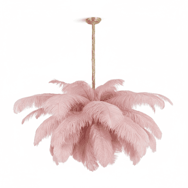 A luxurious pink ostrich feather chandelier suspended from a gold-toned brass stem and ceiling canopy. The feathers are arranged in a dense, multi-layered formation, creating a soft, voluminous, and opulent lighting fixture. — 3D model (AI enhanced source)