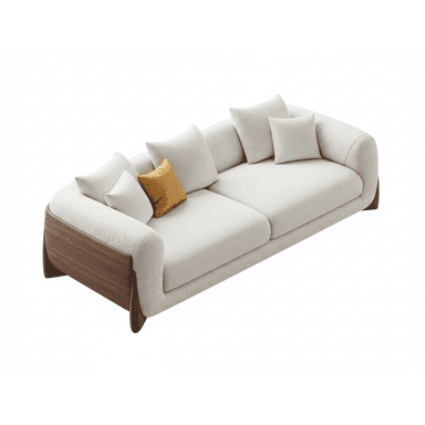 A contemporary two-seater sofa featuring a light, textured fabric upholstery and prominent dark wood accents. The sofa includes two large seat cushions and four back cushions, with one additional small accent pillow in a mustard yellow hue. The armrests are softly curved and upholstered, with the dark wood frame extending from the base upwards to form part of the armrest structure, creating a sleek and modern profile. — 3D model (AI enhanced source)
