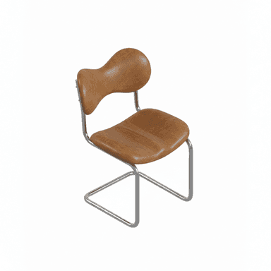 A modern cantilever dining chair featuring a tubular metal frame and brown leather upholstery. The seat and backrest are ergonomically contoured, with the backrest having a distinctive organic, wave-like shape. The frame appears to be polished chrome or a similar silver-toned metal, forming a continuous cantilever base. — 3D model (AI enhanced source)