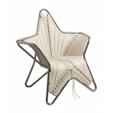 A contemporary star-shaped chair with a polished metal frame and a cream-colored leather upholstery. The upholstery is detailed with intricate lacing that extends across the seat and backrest, mimicking a corset or shoe design. The metal frame is tubular and appears to be chrome or stainless steel, forming an angular base and support structure. The overall design is striking and avant-garde. — 3D model (AI enhanced source)