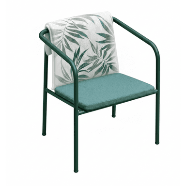 A modern armchair featuring a minimalist design with a tubular metal frame finished in a dark green color. It includes a detachable seat cushion in a teal/green fabric and a back cushion with a white base and a prominent green botanical leaf pattern, draped over the backrest. The frame forms integrated armrests, and the legs are straight with simple feet. — 3D model (AI enhanced source)