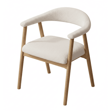 A modern dining or accent chair featuring a light-toned wooden frame and upholstered seat and back. The backrest and armrests form a continuous, gently curved U-shape, all padded and covered in a textured, off-white fabric. The frame consists of four straight, round wooden legs that taper slightly towards the bottom, connected by a wooden apron beneath the seat. — 3D model (AI enhanced source)