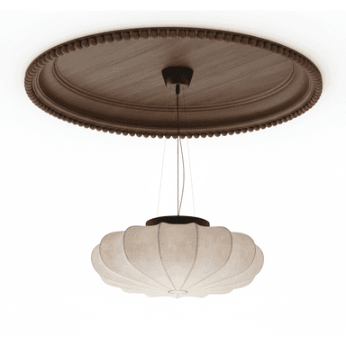 A pendant light featuring a pleated fabric shade, suspended by a black cord and canopy, and adorned with a circular carved wooden ceiling medallion. — 3D model (AI enhanced source)