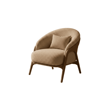 A modern lounge chair featuring a curved, upholstered back and seat, supported by an exposed wooden frame and legs. The upholstery is a textured, light beige bouclé fabric, and a small lumbar pillow is included. — 3D model (AI enhanced source)