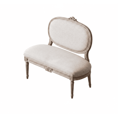 An armless French Neoclassical style settee featuring a light-toned wooden frame with delicate carvings, an oval upholstered backrest, and a rectangular upholstered seat, all supported by fluted tapered legs. — 3D model (AI enhanced source)